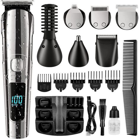 Tondeuse barbe sans fil étanche – Kit de toilettage tout-en-un avec 6 têtes de coupe – Lame acier inoxydable – Rechargeable USB