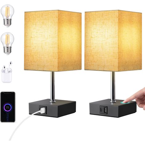 EDISHINE LED Nachttischlampe Touch Dimmbar 2er Set, Tischlampe Modern, Kleine Lampe, mit Ladefunktion, 2 USB Anschlüsse, für Schlafzimmer, Wohnzimmer, Fensterbank, Geschenk, Leinen Lampenschirm (1/5)