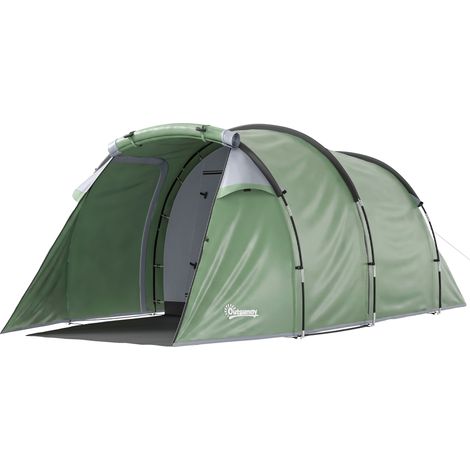 Tente de camping 2-4 personnes avec toile imperméable et portes à fermeture éclair, 426x206x15 cm, Vert foncé (1/5)