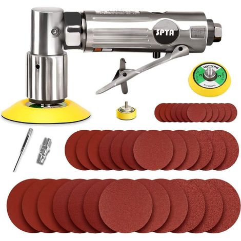 mini ponceuse/polisseuse d'angle de pression d'air de ponceuse orbitale de argent droit long + 36 pièces tampon de ponçage de 25mm 50mm 80mm avec 3 Plaque de polissage Alimenté par air (1/5)