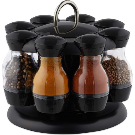 Carrousel à épices, 8 pots en plastique, présentoir rond, rotatif 360°, HxD 17x19 cm, noir transparent