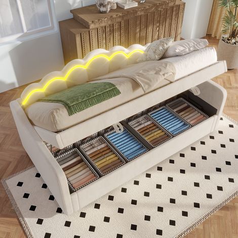 Lit simple capitonné 90x200cm, sommier à lattes, rangement hydraulique, avec bande lumineuse LED à couleurs changeantes, Velours, moderne, Beige (1/5)