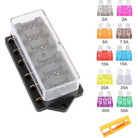 6 Way Car Fuse Box, 12V/24V/32V/48V Universal Standard Blade Fuse Holder with Waterproof Cover and 10 Blade Fuses for Car, Truck, Boat, Marine (1/5)