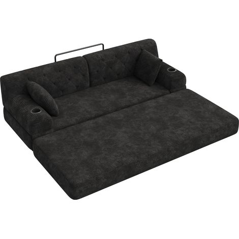 CHICFURN sofá cama de 3 plazas 208x80 cm de pana negra con 2 portavasos, sin montaje (1/5)