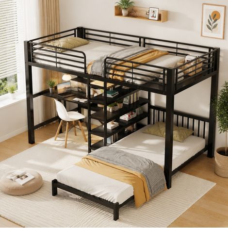Letto a soppalco 250x205x168 cm, due posti letto, scrivania a L, vani contenitore, prese USB e Type C, MDF e metallo, nero (1/5)