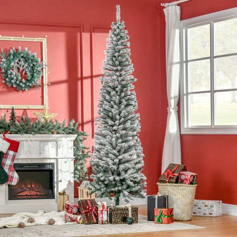 Árbol de Navidad Estrecho 225 cm Árbol Navideño Nevado con 738 Ramas y Soporte de Metal para Salón Verde y Blanco (1/5)