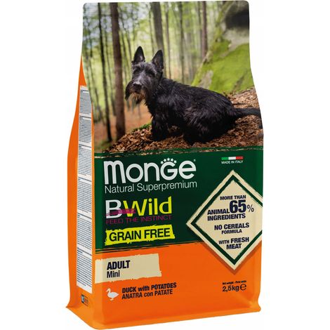 Mini canard sauvage sans céréales Monge BWild avec pommes de terre 2,5 kg