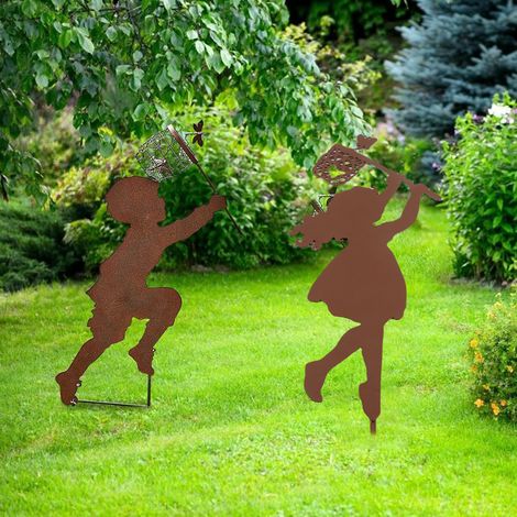Escultura de jardín de metal vintage, silueta de niños jugando, decorativa [diseño antiguo], 35 x 16 cm, 200 g (1/5)