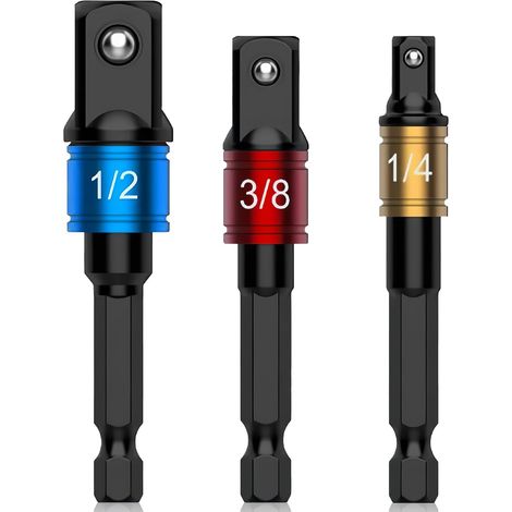 Lot de 3 adaptateurs pour clés à douille à pointe de perceuse, adaptateurs professionnels 1/4", 3/8", 1/2" pour tournevis à impulsion, ensemble d'adaptateurs pour douilles à percussion, jeu de clés à