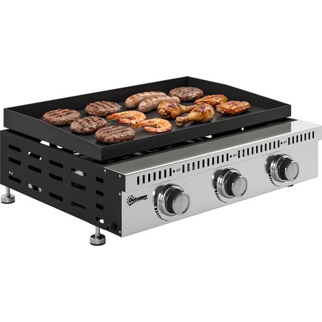 Plaque de cuisson à gaz 9 kW avec 3 brûleurs en acier inoxydable, surface de cuisson 56,5 x 33 cm, avec bac à graisse, noire. (1/5)