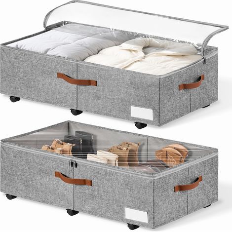 Lot de 2 grandes boîtes de rangement sous le lit avec roulettes 60L, bac à chaussures sous le lit avec couvercle transparent, sac de rangement sous le lit de 26,7 cm pour bottes, couette, pull (1/5)