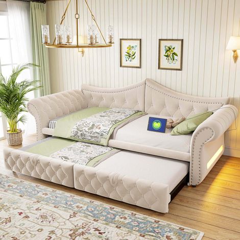 Lit Banquette Extensible 3 en 1, Largeur 90 à 180 cm, Canapé Convertible avec USB, Éclairage LED, Clous Décoratifs, Velours - Beige (1/5)