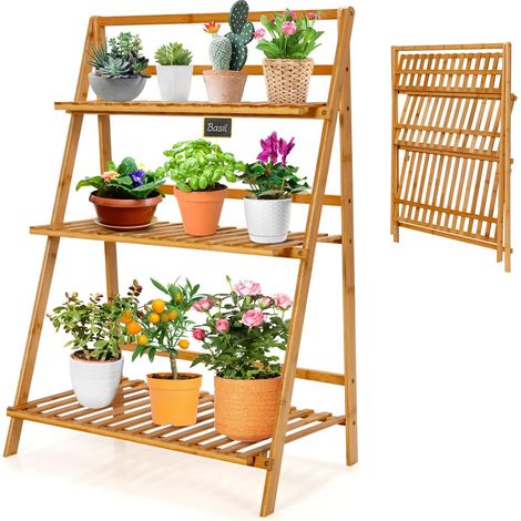 GOPLUS Support pour Plantes Pliable à 3 Niveaux en Bambou, Étagère pour Plantes Pliante pour Utilisation Intérieure et Extérieure, Échelle à Plantes pour Salon, Balcon, Jardin, Naturel