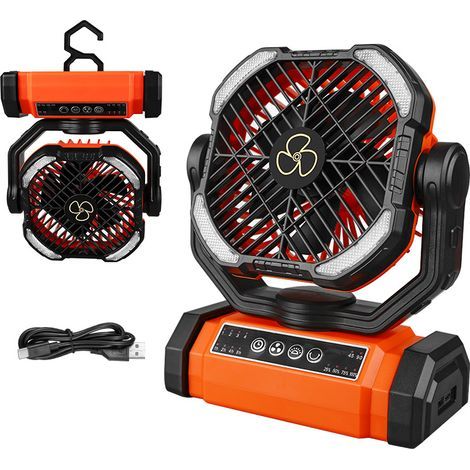 Ventilador portátil recargable, ventilador de camping oscilante a 90°, gran ventilador a pilas giratorio a 270°, ventilador inalámbrico de 4 velocidades con linterna LED y gancho (1/5)