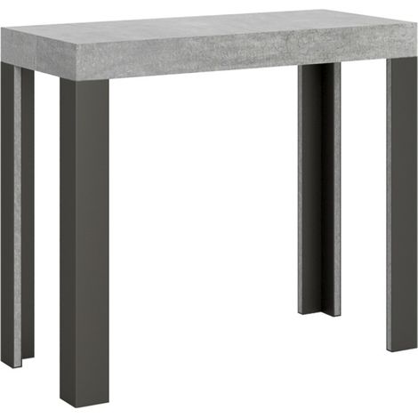 Console extensible bois avec 4 pieds bois et acier anthracite Liva 5 rallonges Sur roulettes-Gris ciment-Sur roulettes-5 rallonges (1/5)