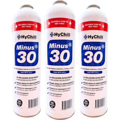 Pack 3 Gas Minus 30 Ecológico 995ml/425g  Sustituto R134a R12 R1234yf  Refrigerante Orgánico Automoción Lote Ahorro