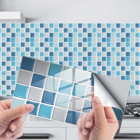 24 Pièces Petites Grilles Autocollantes 10x20cm Bleu, Cuisine Salle de Bain Stickers Bibliothèque, PVC Stickers, Vintage Wall Stickers Waterproof Removable