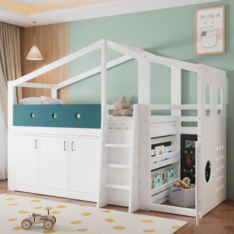 Lit mezzanine 90x200 cm, Lit mi-hauteur avec espace de jeu, rangement, armoire intégrée et échelle sécurisée, pour enfant, bois blanc, sommier à lattes inclus, sans matelas (1/5)