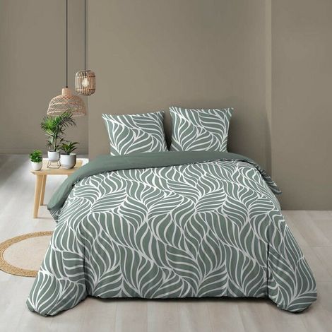 Housse de couette 260 x 240 cm coton 57 fils MORGANE Sauge + 2 taies