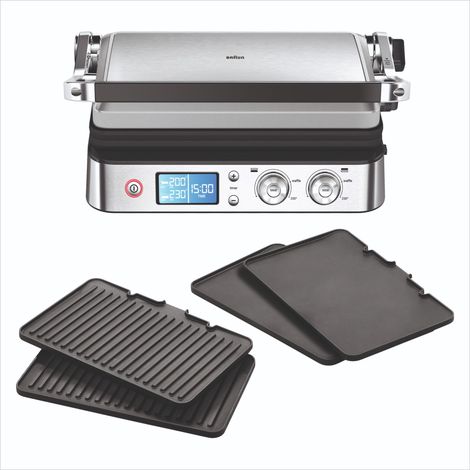 Braun MultiGrill9 CG9043 Griglia Elettrica a Controllo Elettronico con 2 Termostati Indipendenti, Griglia Aperta 37x46cm, Funzione BOOST, Piastre Removibili in Dotazione 2 Set Griglia e Liscia, 2000W (1/4)
