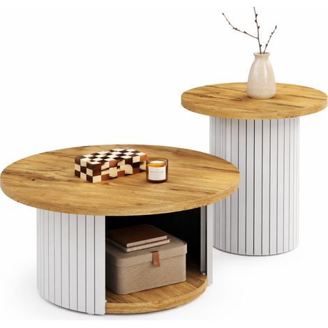 Lot de 2 tables basses rondes gigognes avec rangement, style scandinave, MDF coloris bois clair, table de salon et bout de canapé polyvalent CHICFURN (1/5)