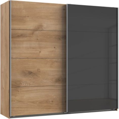 Armoire placard meuble de rangement coloris imitation chêne poutre/graphite - Longueur 225 x Hauteur 210 x Profondeur 65 cm -PEGANE-