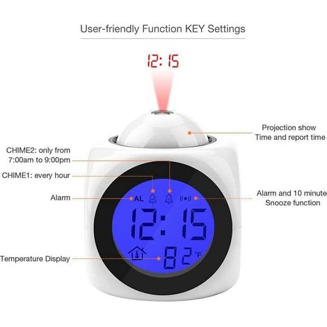 Projecteur d'horloge numérique au Plafond Rétro-éclairage à Piles Affichage LED Horloge de projecteur avec rétro-éclairage Alimenté par Piles Rotation du réveil (Blanc) (1/3)