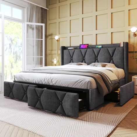 Cama matrimoniales 140x200 cm con cabecero con carga USB y 4 cajones base de madera lino gris (sin colchón) (1/5)