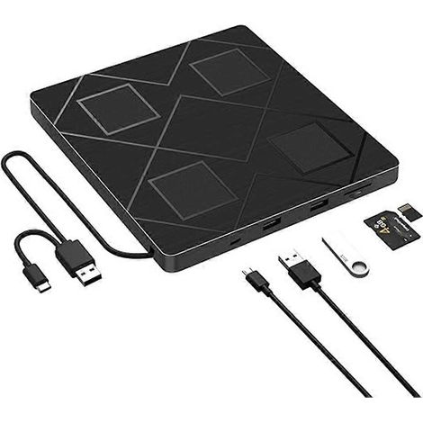 Lecteur CD/DVD externe 5 en 1 pour ordinateur portable, graveur CD/DVD portable avec lecteur de cartes SD/TF et lecteur DVD-ROM réinscriptible (1/5)