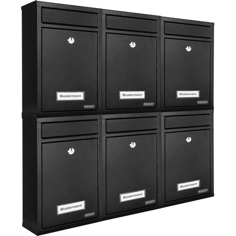 MONZANA® 6x Lockable Letter Boxes Including 2 Keys Wall Mounted Mailbox Set Waterproof Weatherproof Galvanised Metal With Name Plates Modern Design Mail Post Box System Letterbox Black (1/2)