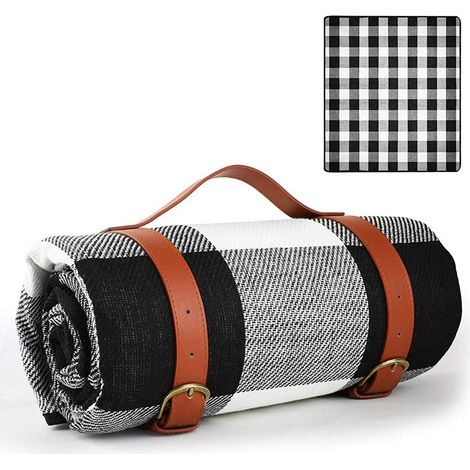 Couverture de Pique-Nique 150x200cm, Couverture extérieure résistante à l'eau, Grande Couverture de Pique-Nique Pliable Portable à 3 Couches (Noir&Blanc) (1/5)