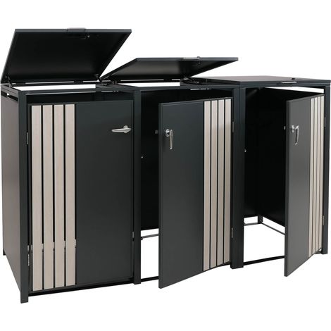 3er-Mülltonnenverkleidung HHG-340, Mülltonnenbox mit Deckel, Metall 122x200x84cm 83kg anthrazit Holzoptik hell