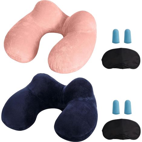 Oreiller de voyage gonflable pour la nuque, oreiller de soutien cervical en velours doux avec housse lavable, comprend des bouchons d'oreilles, un masque de sommeil et une pochette de rangement - Idéa (1/5)