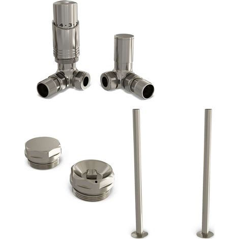 Talus Bold - Silver Nickel Thermostatic Radiator Valve & Installation Kit Corner 15mm (130mm version) (1/4)