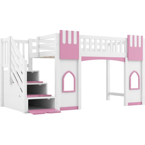 Lit mezzanine 90 x 200 cm avec escalier de rangement et fenĂŞtres, blanc et rose (1/5)