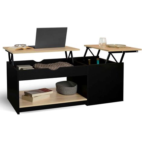 Idmarket – Table basse 2 plateaux relevables rectangulaire – Coffre bois noir et façon hêtre – Dimensions 110x55x42cm – Mécanisme en acier laqué époxy