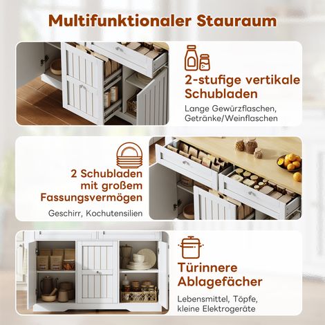 Îlot de cuisine mobile avec plan de travail rabattable, chariot de service et placard de rangement, 2 tiroirs verticaux à étages, 2 grands tiroirs, roulettes freinables, 120 × 45 (70) × 92 cm. (1/5)