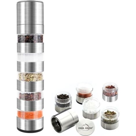 Set D'épices de Voyage 5 en 1, Pots à Epices Empilables en Acier Inoxydable Mini Pots à Épices avec Moulin à Épices Pots à Épices (1/5)