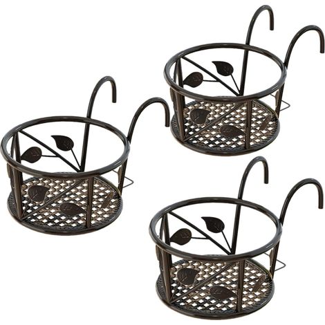 Support Pour Pot De Fleurs - En Fer - Hauteur 18 Cm - Diamètre Supérieur 22 Cm - Diamètre Inférieur 17 Cm - Noir Bronze Blanc - 3 Pièces (1/4)
