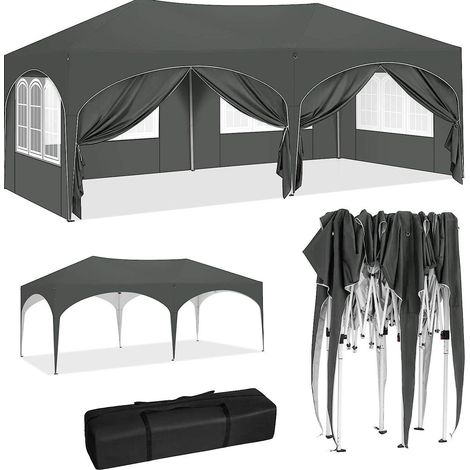 Pabellón 3x6 m gris con 6 paredes laterales, impermeable y con protección UV50+ (1/5)