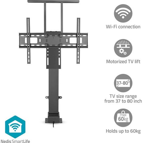 Elevador de TV Motorizado  37 - 80 "  Peso máximo de pantalla compatible: 60 kg  Diseño de gabinete incorporado  Rango de elevación: 68 - 158 cm  Controlado a distancia  ABS / Acero  Negro