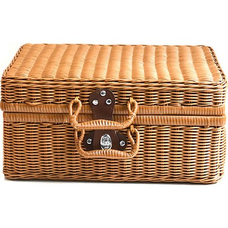 Coffre De Rangement en Imitation Rotin Tressé Petit Panier De Rangement en Osier Cuir Lisse Serrure pour Cosmétiques Stockage à domicile (1/5)