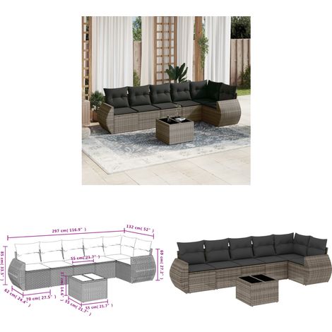 7-tlg. Garten-Sofagarnitur mit Kissen Grau Poly Rattan - Gartenmöbel Set - PE-Rattan Möbel - Outdoor Lounge - Garten Sofa - Esstisch Set - Home & Living (1/3)
