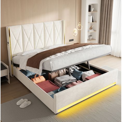 Cama con almacenaje (190x213x141 cm), cabecero alto acolchado, USB y Type C, LED, terciopelo beige (1/5)