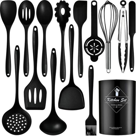 Juego de utensilios de cocina de silicona resistentes al calor (hasta 230 °C): pinzas, espátula, cuchara, cepillo y batidor. Aptos para lavavajillas (sin BPA).