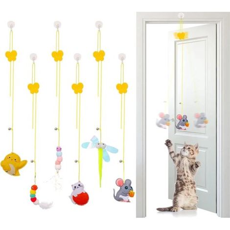 Giocattoli adatti per gatti da appendere alla porta, con gatti, topi e altri animali, giocattoli con piume, giocattoli interattivi per gatti, adatti per la caccia e l'addestramento dei gatti, set da 6
