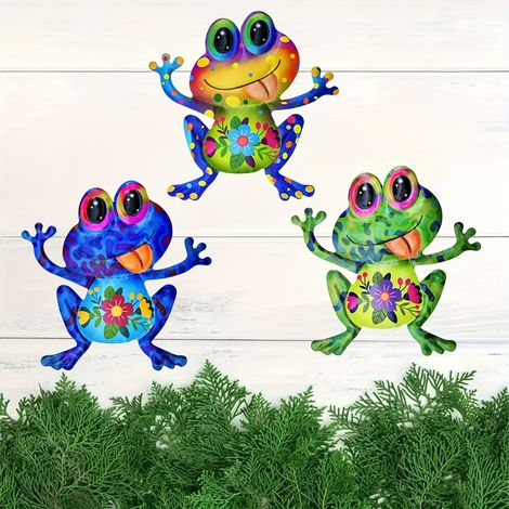 3 décorations de grenouilles en métal - Décorations colorées en fer forgé de 20 cm pour jardin, terrasse et clôture (1/5)