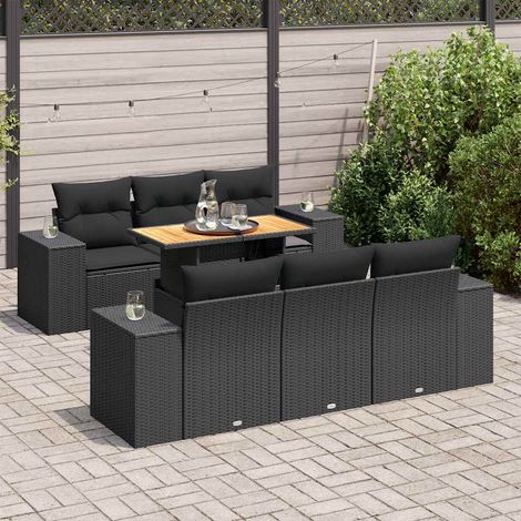Ensemble Jardin 7 Pièces Résine Tressée Noir avec Coussins Crème - Table Réglable Hauteur Modulable - Salon Extérieur (1/5)