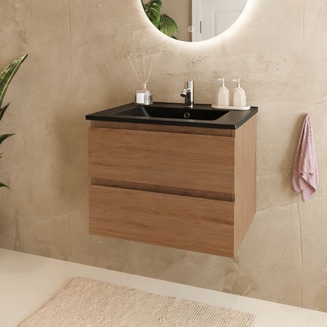 LOMAZOO Meuble de Salle de Bain 60cm - Chêne Chaud - Vasque Noire