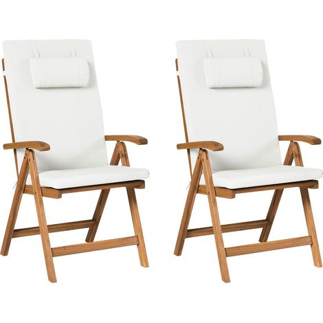 Lot de 2 Chaises Rustique Pliantes de Jardin en Bois d'Acacia avec Coussins Blanc Cassé Java Premium